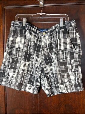 Cape Madras Men’s Shorts 38 Black and White Patchwork 100% Cotton Preppy Plaid